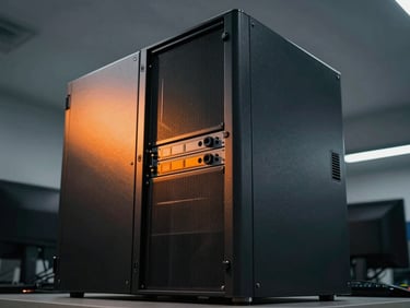Modern workspace with a server tower, dramatic low-key lighting with orange accent light reflecting off metallic surfaces, architectural angle.