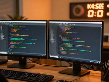 Nahaufnahme eines Entwicklers vor zwei dunklen Bildschirmen mit sauber strukturiertem Programmcode, im Hintergrund spiegelt sich das warme orangefarbene Licht einer Server-Status-LED.