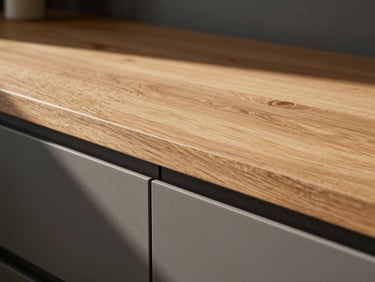 Detail shot of modern matte kitchen surfaces and durable oak wood worktops, warm late-afternoon sun, clean lines, high-quality craftsmanship.