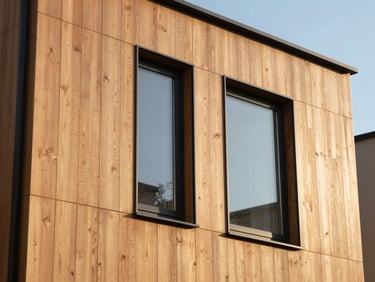 Close-up of modern residential facade with warm oak wood siding and dark anthracite window frames, bright morning sun casting soft shadows.