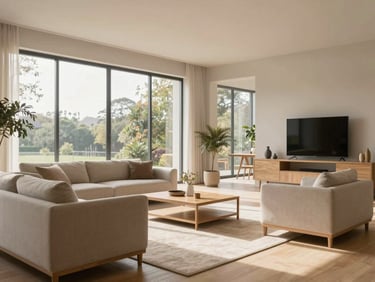 Bright interior rendering of an open living room with large glass windows, soft natural morning light flooding the room, minimalist oak furniture, neutral beige tones.
