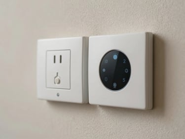 Close-up of smart heating controls and minimalist electrical fittings on a textured plaster wall, soft side lighting, functional elegance.