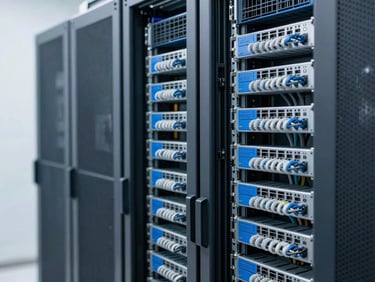 Organized server rack with neatly bundled structured cabling, blue and gray tones, crisp corporate photography, bright clean daylight, 35mm