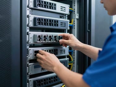 Technician performing maintenance on a server in a data center, focused hands, crisp corporate photography, bright clean daylight, 35mm