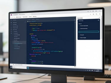 Modern web development interface on a clean monitor, code snippets visible, crisp corporate photography, bright clean daylight, 35mm