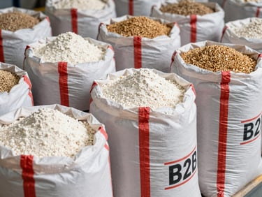 Close-up of industrial sacks of flour and grains in a clean warehouse, bright daylight, high contrast