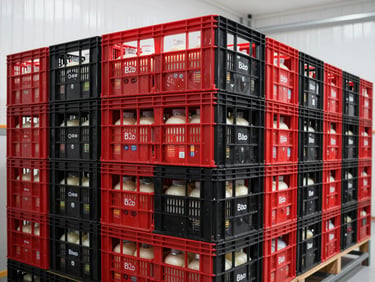 Cold storage room with stacked crates of professional dairy products, clean industrial environment