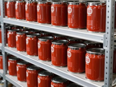 Rows of large professional tin cans of tomato sauce on steel shelving, industrial lighting