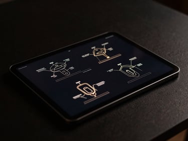 Close-up of structured operational diagram on a tablet screen, dark minimalist table, low-key dramatic lighting