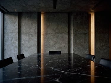 Architectural lines of a modern concrete boardroom with dramatic side-light reflecting off a dark marble table, minimalist corporate office, 35mm photography