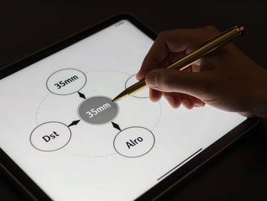 Close-up of a structured process diagram on a tablet screen, professional executive hand pointing with a gold pen, dramatic side-light, deep charcoal background, 35mm