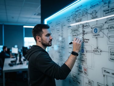 Tight angle of a software engineer whiteboarding system architecture under cool-toned ambient office light with sharp electric blue LED accents, 35mm