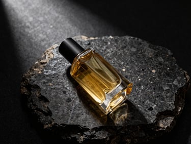 Minimalist glass bottle filled with golden translucent elixir, styled like a luxury perfume, resting on raw obsidian stone, dramatic side lighting