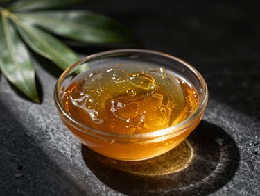 A small crystal dish containing rich golden amber jelly, natural sunlight filtering through tropical leaves, macro texture of the preserve