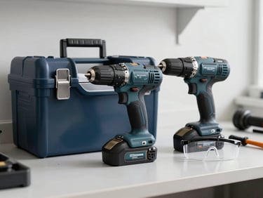 A neat stack of professional tools including a cordless drill, lockboxes, and safety glasses on a clean workbench.
