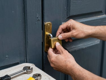 Close-up of hands changing a heavy-duty brass lockset on a weathered wooden door, tools laid out on a clean work cloth, natural overcast light.