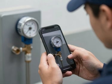 Close-up of a contractor taking a clear, well-lit photo of a water meter using a smartphone, showing proper documentation framing.