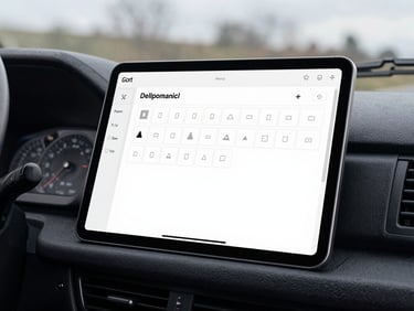 A digital tablet displaying a clean work order interface with photo upload slots, sitting on a truck dashboard, overcast daylight.