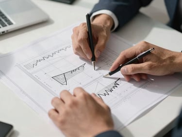 Close-up of hands working with structured blueprints and financial charts on a clean modern office desk, bright daylight, high-contrast composition focusing on geometric lines and precision.