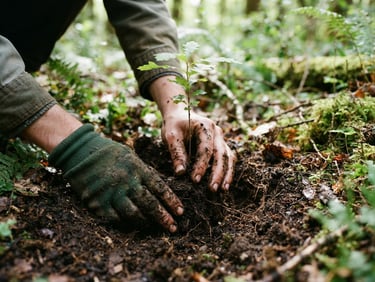 Close-up of a native seedling being carefully planted in rich dark soil by hands covered in earth, soft natural daylight, documentary style, 35mm lens.
