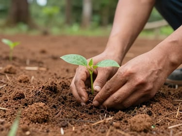 documentary environmental photography, natural daylight, close up of hands planting a seedling in rich soil, warm clay tones, 35mm lens