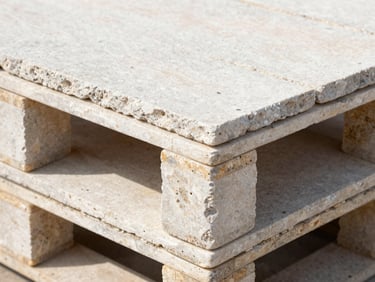 High-contrast close-up of a raw stone pallet, clean limestone and slate textures, sharp geometric lines, bright daylight, 35mm lens.