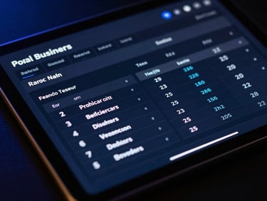 Close-up of a tablet displaying a clean local business intelligence dashboard, showing ranking metrics, moody dark-mode lighting with royal blue accents