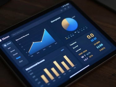 Sleek dark-mode business intelligence dashboard on a tablet screen, glowing royal blue charts and gold metrics showing recovered revenue and inbound calls, moody low-key ambient lighting, 35mm