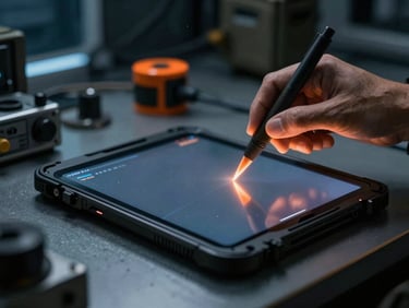 Tactical tablet undergoing extreme vibration testing in a laboratory, dark industrial setting, cold blue and orange lighting, sharp focus, 35mm