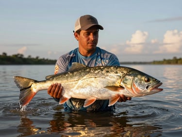 Pescador esportivo embarcando um grande Dourado dourado brilhante nas corredeiras do Rio Paraguai durante o entardecer.