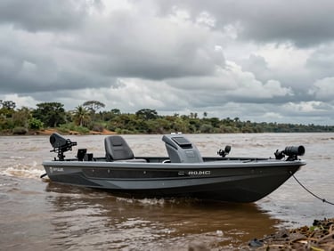 A high-performance bass boat anchored near a fast-flowing riverbank in the Pantanal, dramatic overcast sky, professional fishing gear visible