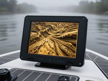 Close-up of a high-end sonar screen showing riverbed structures in golden tones, mounted on a clean, modern bass boat deck, misty river background