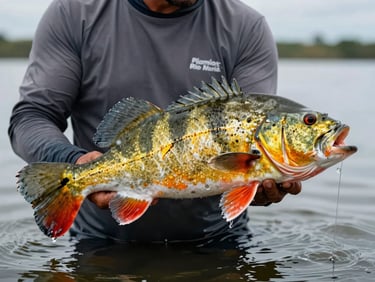 Close-up de um pescador segurando um enorme Tucunaré-Açu com cores vibrantes sobre a linha da água do Rio Marié.