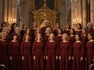 Still shot from a video of a classical choir singing in a majestic cathedral, warm golden candlelit glow, solemn and reverent setting