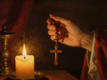 Still shot from a video showing hands holding a wooden rosary in front of a flickering candle, warm golden light, soft focus, devotional atmosphere