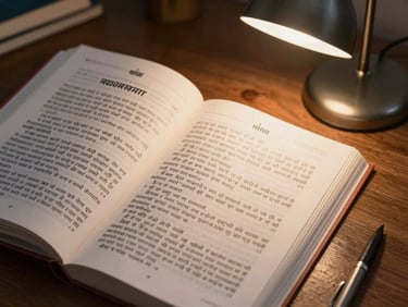 A focused study desk with an open textbook showing Hindi script, a physical Indian constitution, and a warm desk lamp lighting the workspace, macro shot.