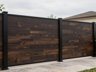 Minimalist horizontal dark wood privacy fence with clean black metal posts in a modern landscaped garden