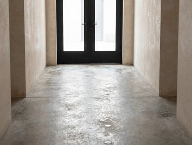 Interior view of a brightly lit foyer with newly polished concrete floors and minimalist black door hardware