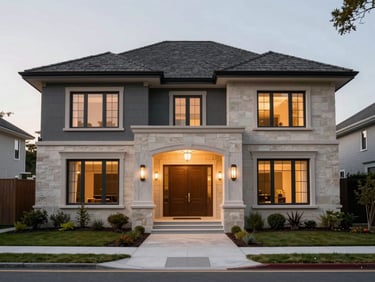 Symmetrical wide shot of a beautifully restored modern home facade with clean landscaping, dusk light