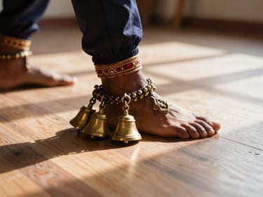 Close-up of ghungroo anklets on a dancer's foot resting on a practice room floor, brass bells catching low angled window light, wooden floor grain visible