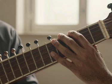 Close-up of left hand fingers pressing sitar frets, right thumb resting on the jawari bridge, warm afternoon light from a single north window, shallow depth of field