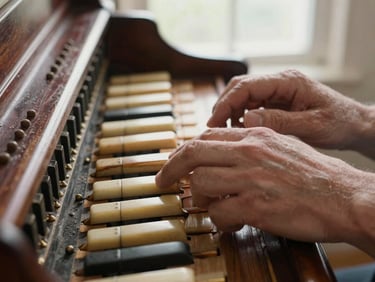 Detail of harmonium keys under a practitioner's right hand, left hand on the bellows, diffuse north window light, aged wood and ivory keys in sharp focus