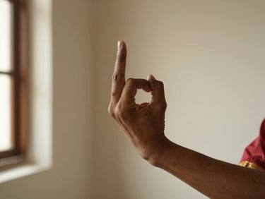 Close-up of a dancer's hands forming a Bharatanatyam mudra, fingers extended and precise, warm afternoon window light from the left, plain cream wall behind