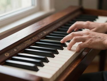 Close-up of a harmonium keyboard, fingers resting on keys, natural window light from the left, aged wood frame visible at the bottom edge