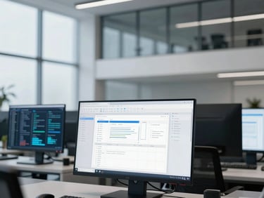 Modern professional workspace, clean architectural lines, structured data patterns on screens, cool crisp daylight, desaturated blues and architectural grays, sharp focus, architectural lens, an AI-driven workflow diagram on a monitor in the foreground.