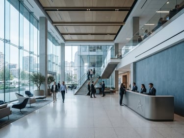 Wide architectural shot of a modern, high-end corporate office lobby with clean lines and subtle branding, cool crisp daylight, desaturated blues and architectural grays, sharp focus, architectural lens.