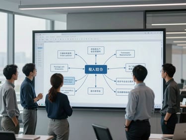 Architectural office interior, a team collaborating around a digital flowchart on a large screen, emphasizing process mapping and optimization, cool crisp daylight, desaturated blues and architectural grays, sharp focus, architectural lens.