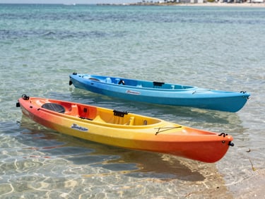 Two colorful kayaks floating on the calm, crystal-clear water of Mar Menor during a bright sunny morning