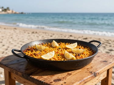 Traditional Spanish caldero rice dish served in a black pot on a rustic wooden table by the Mar Menor beach, warm afternoon light