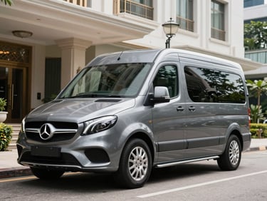 High-end corporate Mercedes sprinter parked outside a luxury Singapore hotel, sharp daylight, professional hospitality setup.